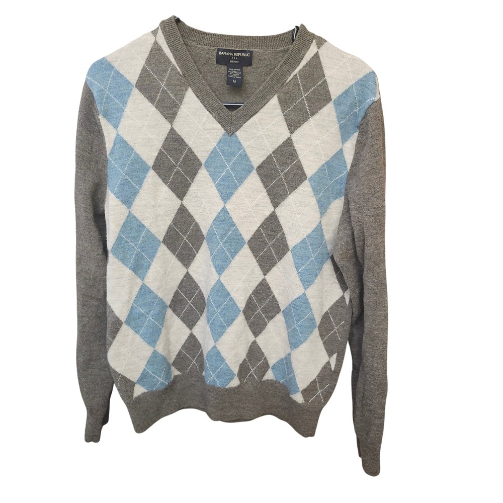 Banana Republic Merino Wool Argyle V-Neck Sweater Grey Blue M Golf Business